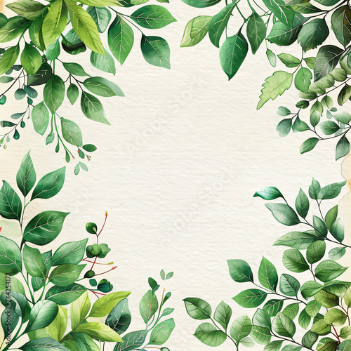Green foliage frame with copy space on textured paper background. Botanical design template for eco and nature concepts