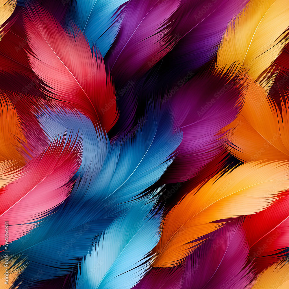 Seamless texture with multicolored feathers.