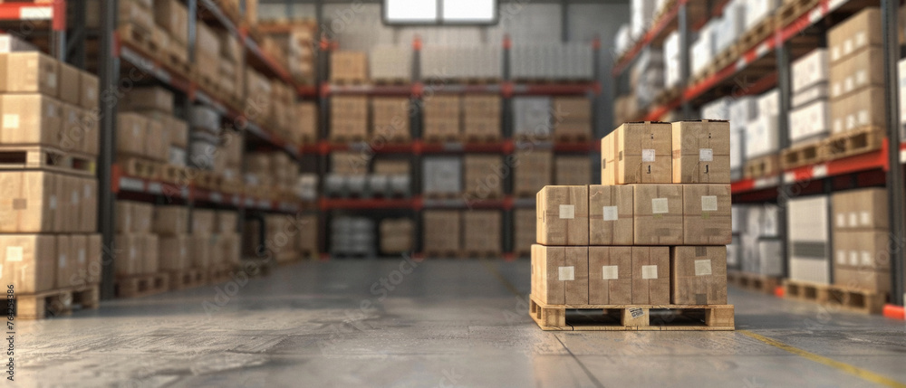Warehouse with cardboard boxes on shelves background. Logistic commercial storage interior retail goods supply. Storehouse for packages distribution, industrial merchandise, sorting and delivery. Warehouse with cardboard boxes on shelves background. Logistic commercial storage interior retail goods supply. Storehouse for packages distribution, industrial merchandise, sorting and delivery.