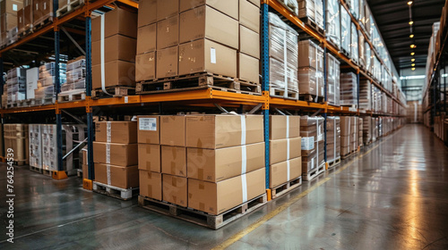 Warehouse with cardboard boxes on shelves background. Logistic commercial storage interior retail goods supply. Storehouse for packages distribution, industrial merchandise, sorting and delivery.