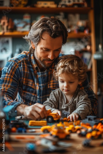 Father and son bond over toy car repairs, sharing skills and creating lasting memories together