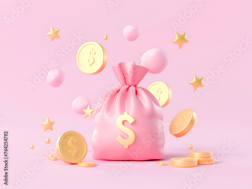 3d render of money bag with coins and bills on pink background. Concept for financial, corporate and banking investment