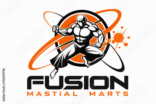  creative and dynamic logo for Fusion Martial Arts, featuring a simple fusion symbol O depicted as an atom with circular electrons orbiting around it, showcasing the blending of elements. The figure i