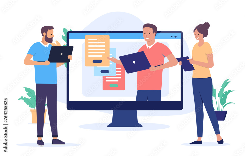Online presentation meeting - People communication online having business meeting and workshop together remotely in office at work. Flat design vector illustration with white background