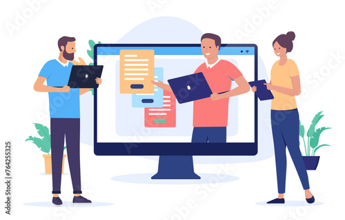 Online presentation meeting - People communication online having business meeting and workshop together remotely in office at work. Flat design vector illustration with white background