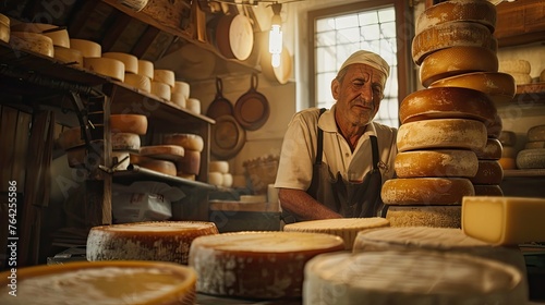 Italian cheese maker with his stacks of made