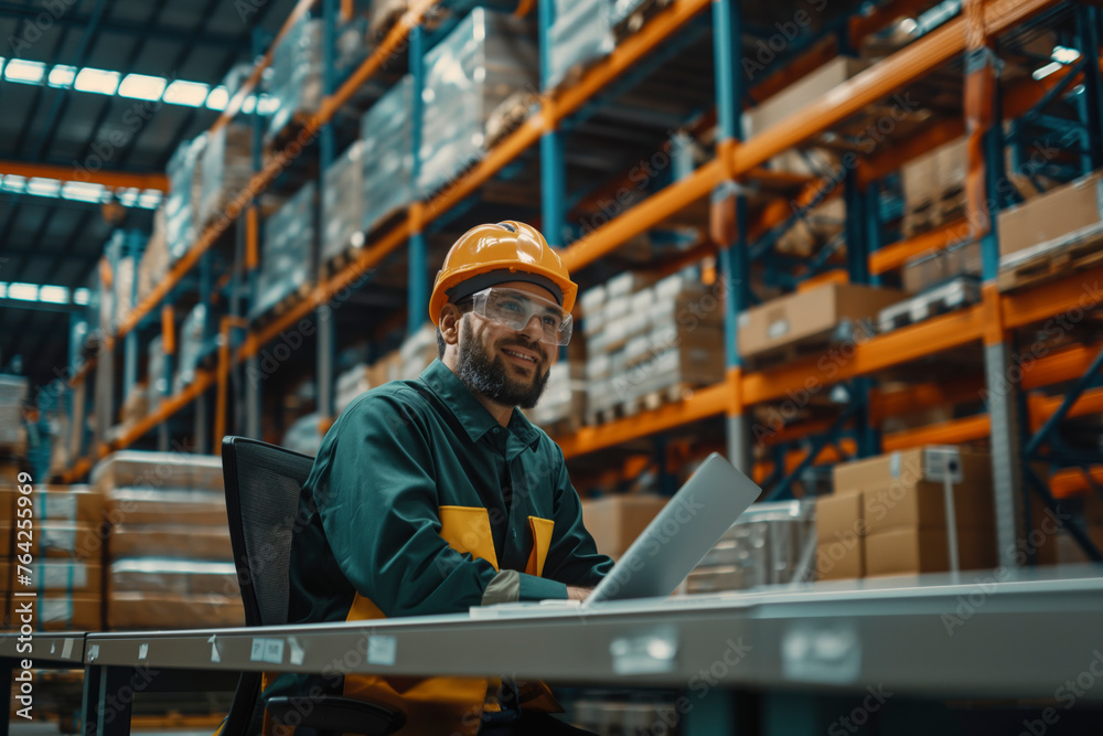 Efficient warehouse operation: men manage distribution, check inventory, and ensure safety with technology and teamwork, A man in a green and yellow shirt is sitting at a desk with a laptop