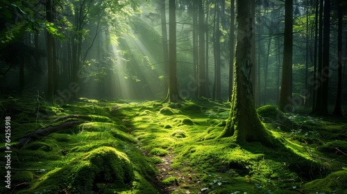 Mossy forest pathway with sunlight and shadows. Tranquil nature landscape