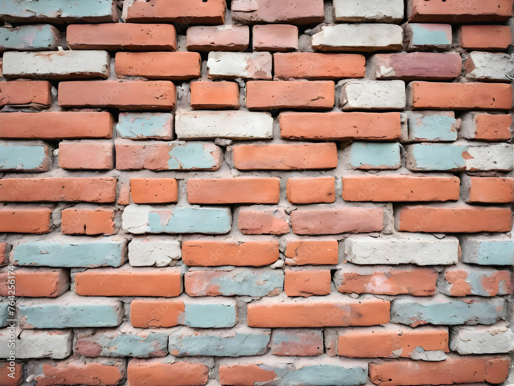 Fototapeta premium Weathered Brick: Faded Paint and Exposed Texture. generative AI