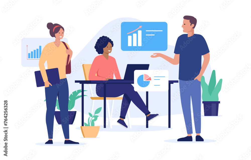 Fototapeta premium Office work businesspeople and charts - Team of diverse business people working and discussing data together. Abstract corporate vector illustration in flat design with white background