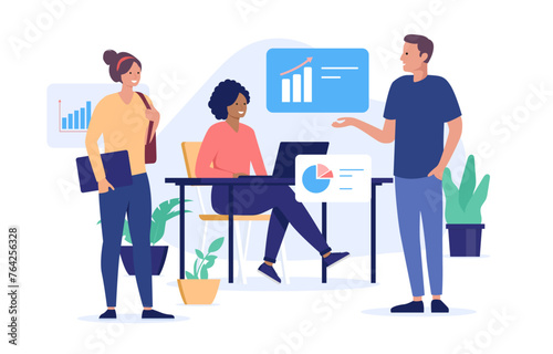 Office work businesspeople and charts - Team of diverse business people working and discussing data together. Abstract corporate vector illustration in flat design with white background © Knut