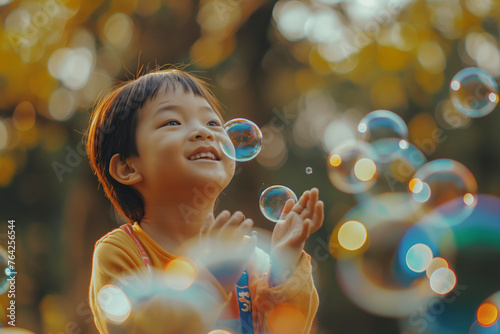 A young boy is blowing bubbles and smiling. Concept of joy and innocence, as the child is enjoying a simple and fun activity. The bubbles floating in the air add a whimsical