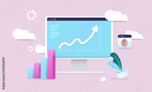 Computer screen with rising arrow - Desktop monitor with chart and graph pointing up in abstract semi 3d flat cartoon design, front view vector illustration