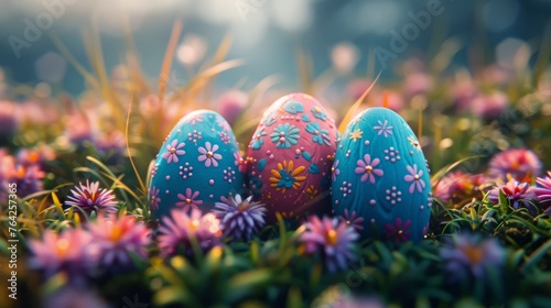 Three Colorful Easter Eggs in Grass