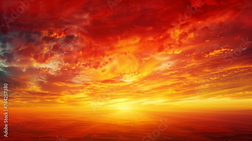 Fiery Skies: Panoramic View of a Sunset Spectacle. Witness the drama and beauty of the setting sun through this panoramic image, where the sky becomes a canvas for the fiery hues of red © Hanzala