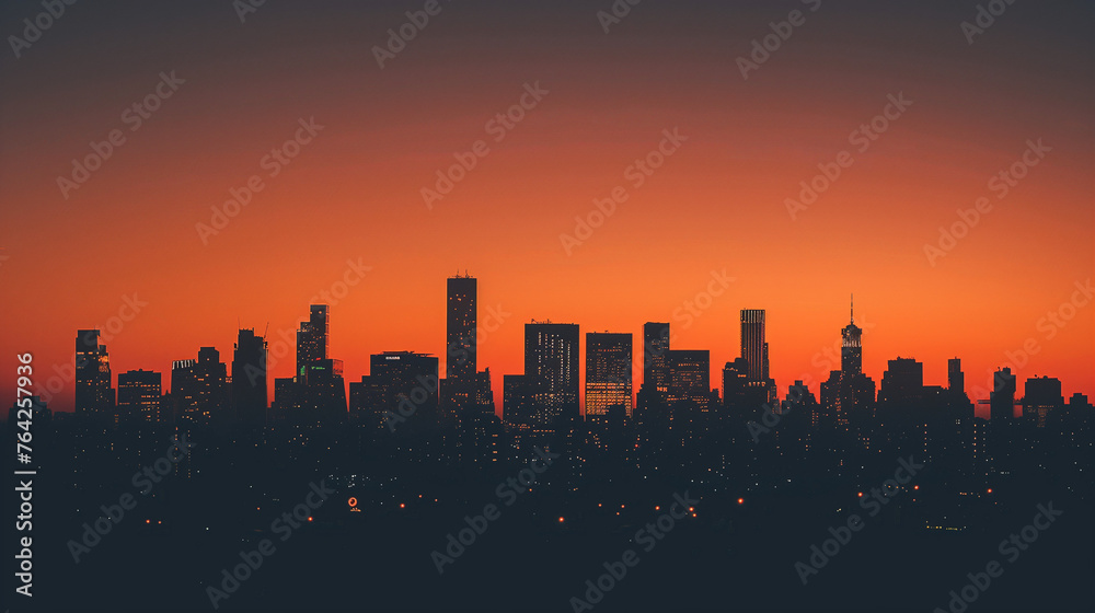 Digital illustration of a City Skyline, Sunset Silhouette, Urban Dusk Scenery