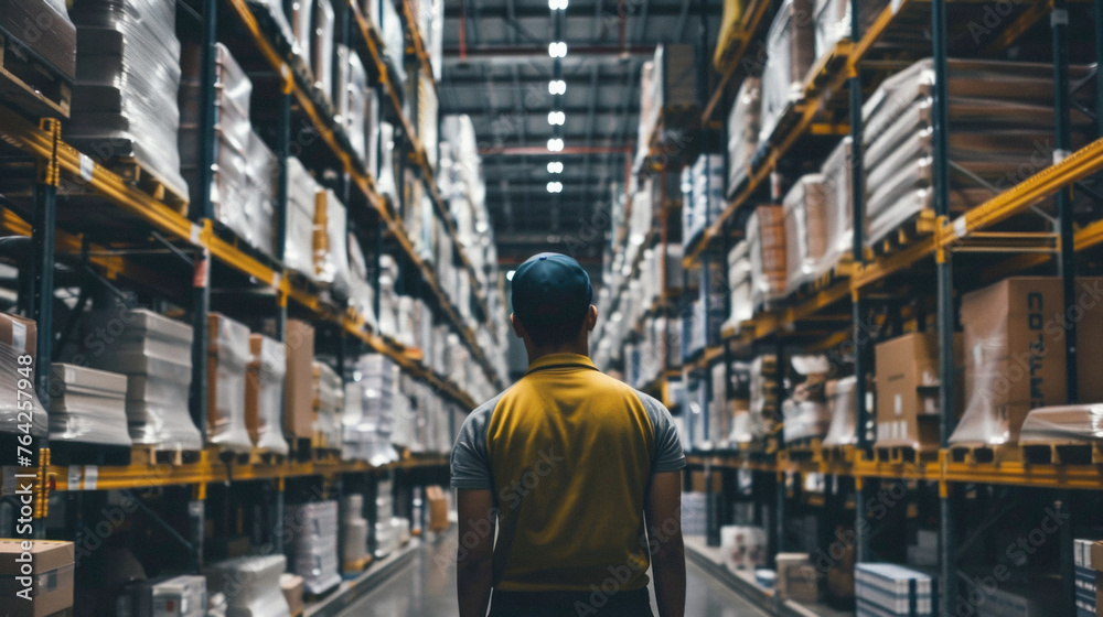 Male warehouse worker working in logistic commercial storage interior retail goods boxes supply. Man storehouse employee manager at work, distribution, industrial sorting and delivery. Male warehouse worker working in logistic commercial storage interior retail goods boxes supply. Man storehouse employee manager at work, distribution, industrial sorting and delivery.