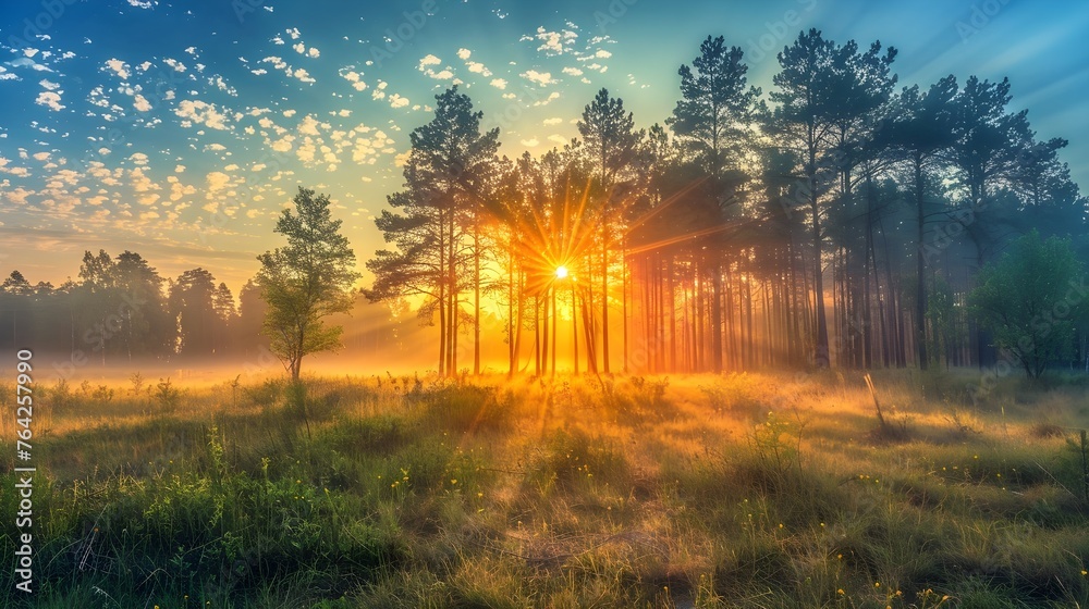 Sun rays shining trough trees in beautiful meadow at sunrise or sunset Sun rays shining trough trees in beautiful meadow at sunrise or sunset