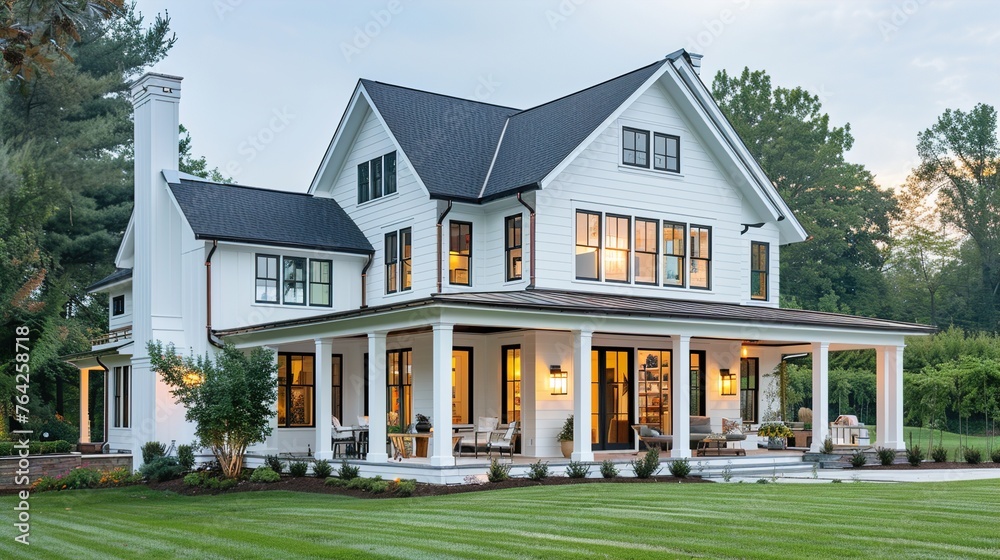 Obraz premium A classic farmhouse exterior design with white siding, black trim windows, and a covered porch for outdoor living space.