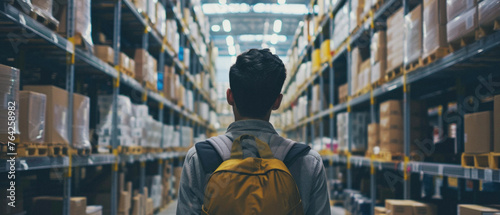 Male warehouse worker working in logistic commercial storage interior retail goods boxes supply. Man storehouse employee manager at work, distribution, industrial sorting and delivery.