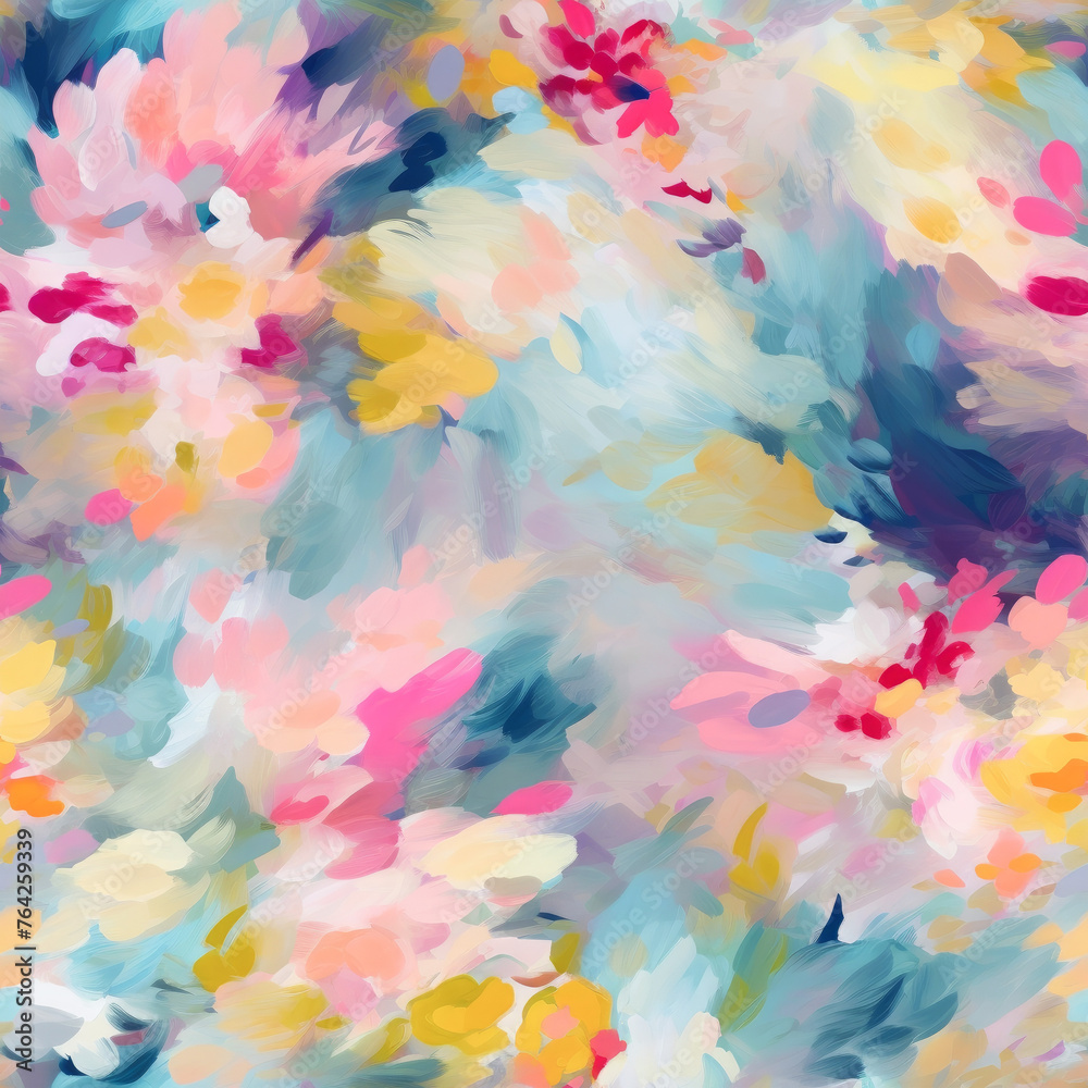 Vibrant abstract floral painting with blues. Seamless file.