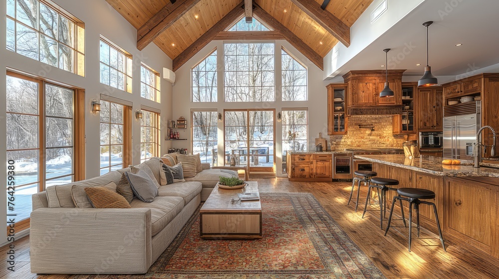 a Scandinavian-style home featuring a bar area adjacent to the kitchen, boasting a vaulted ceiling and a wall of windows, with the bar countertop elegantly running below the windows. a Scandinavian-style home featuring a bar area adjacent to the kitchen, boasting a vaulted ceiling and a wall of windows, with the bar countertop elegantly running below the windows.