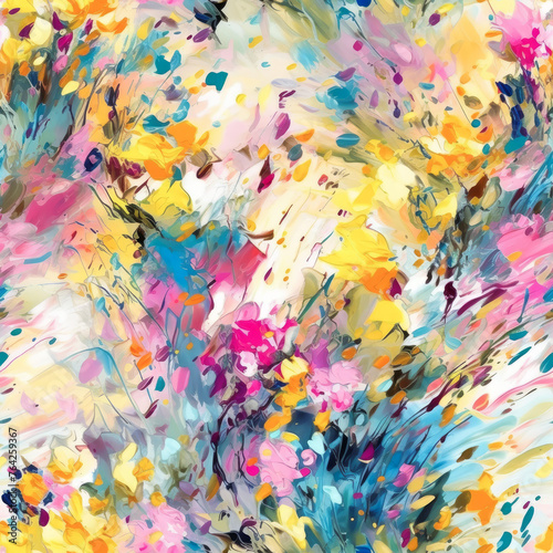 Abstract expressionist painting of lively blooms. Seamless file. 