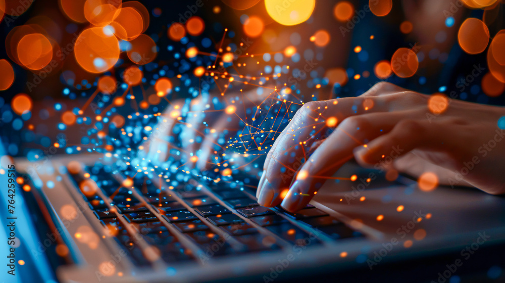 Business Technology and Digital Communication, Laptop and Hands Typing Business Technology and Digital Communication, Laptop and Hands Typing