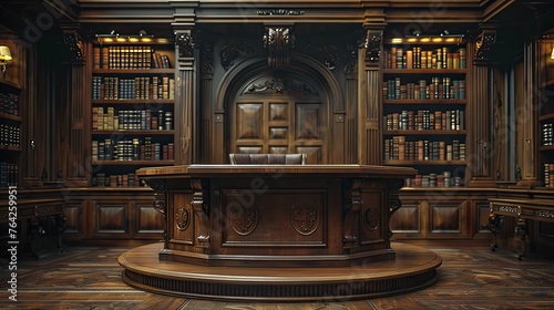 Classic Mahogany Wood Podium, front view focus, with an Antique Library Background, ideal for distinguished book launches.