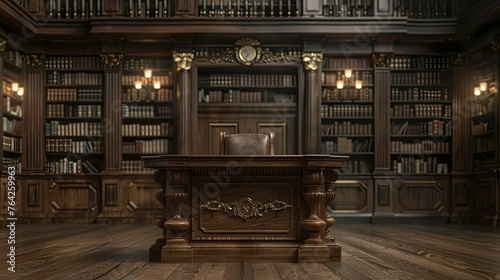 Enhance your book launch with a Classic Mahogany Wood Podium against an Antique Library Background for added distinction. photo