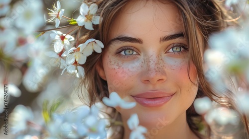 Woman With Freckles and Flowers in Hair