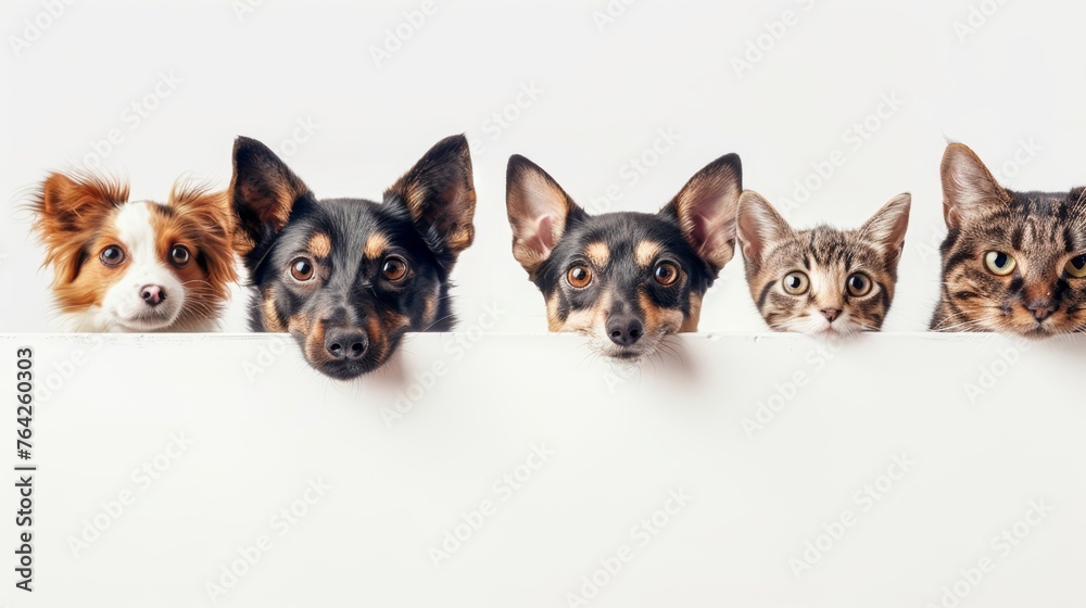Four dogs and two cats peeking over a blank white banner.