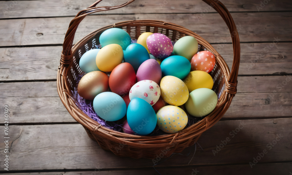 Naklejka premium large wicker basket filled with variety of colorful Easter eggs on old wooden table. Concept of Pascha or Resurrection Sunday, Christian festival and cultural holiday