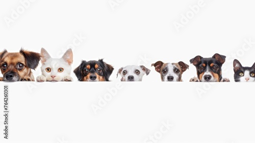 Diverse group of six pets peeking over a white banner. Studio pet portrait with copy space for design and print