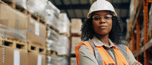 Portrait of female warehouse worker working in logistic commercial storage interior retail goods boxes supply. Woman storehouse employee manager at work, distribution, industrial sorting and delivery.