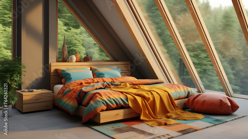 Modern bedroom interior with large windows overlooking forest landscape. Wooden bed with colorful bedding, bedside table, plants, and large orange rug on the floor. photo