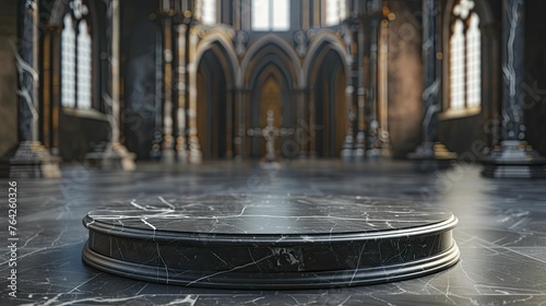 Elevate your luxury gothic fashion showcase with an enigmatic black marble podium against a backdrop of a Gothic cathedral interior.