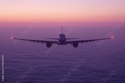 Commercial airplane flying against a beautiful dusky sky, cruising above the cloud level, encapsulating the tranquility of flight