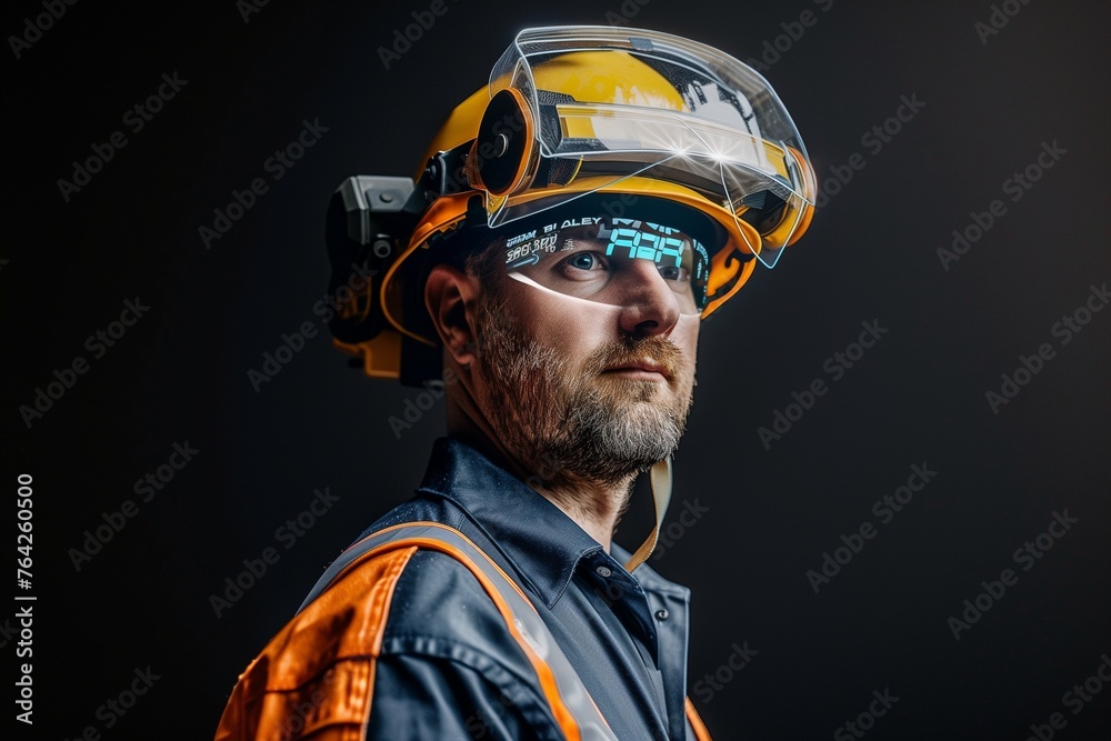 Innovative Wearable Technology in Industrial Safety: A Worker Equipped with a Smart Helmet Featuring Built-In Augmented Reality (AR) for Enhanced Safety and Efficiency on the Job. Innovative Wearable Technology in Industrial Safety: A Worker Equipped with a Smart Helmet Featuring Built-In Augmented Reality (AR) for Enhanced Safety and Efficiency on the Job.