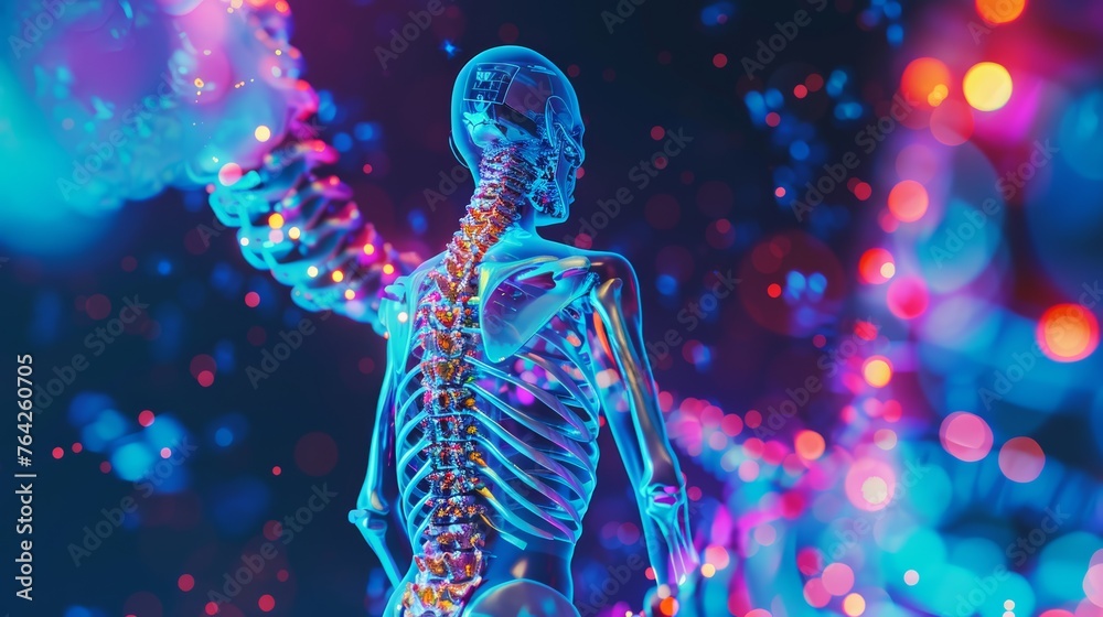 Human skeleton with glowing DNA helix and spine. Futuristic medical research concept.