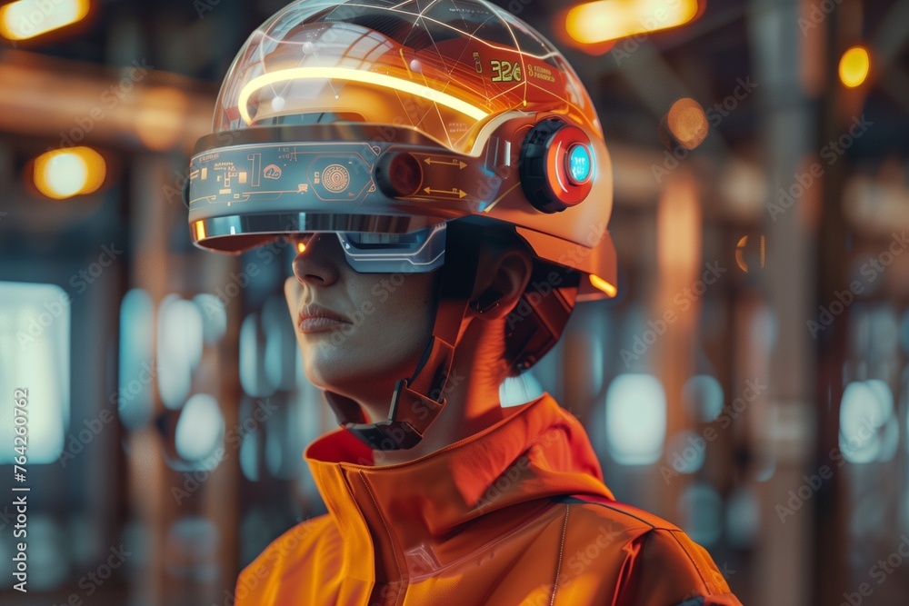 Innovative Wearable Technology in Industrial Safety: A Worker Equipped with a Smart Helmet Featuring Built-In Augmented Reality (AR) for Enhanced Safety and Efficiency on the Job.