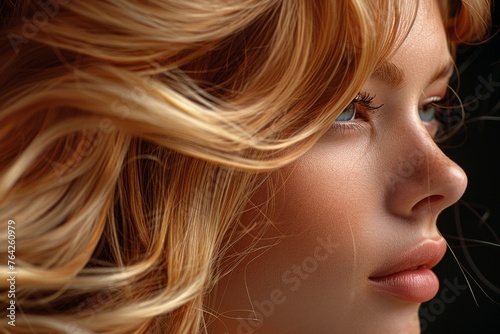 A detailed shot capturing the natural flow and texture of wavy blonde hair on a subtle background