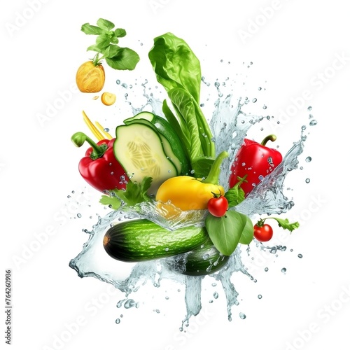 Flying organic food with water splash. Food illustration different vegetables and water splash on isolated white background. 3d illustration.