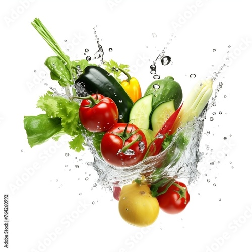 Flying organic food with water splash. Food illustration different vegetables and water splash on isolated white background. 3d illustration.