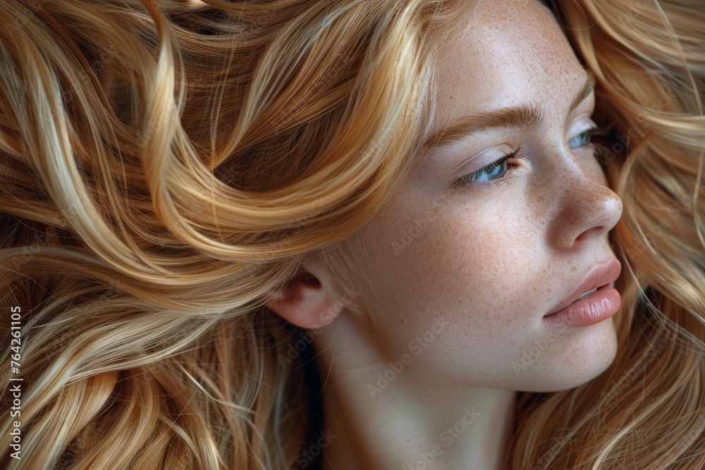 A detailed image capturing the intricate patterns of wavy blonde hair with the face blurred for privacy A detailed image capturing the intricate patterns of wavy blonde hair with the face blurred for privacy