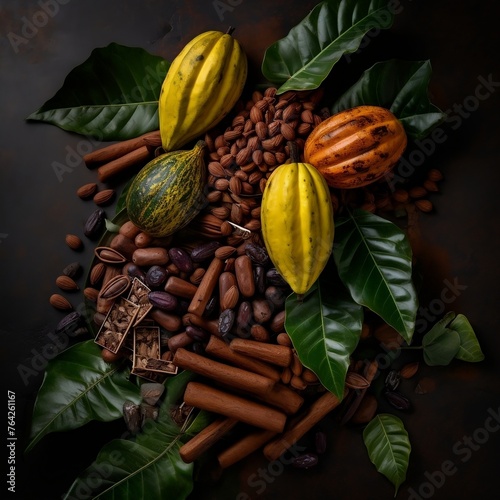 Various of Fresh cocoa fruits with half sliced and green leaf isolated on dark background.
