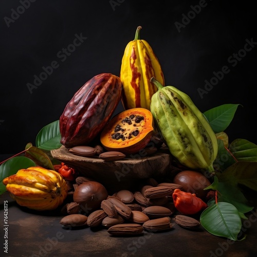 Various of Fresh cocoa fruits with half sliced and green leaf isolated on dark background.