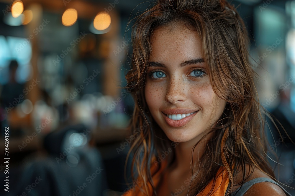 This image features an engaging young woman with a captivating smile and striking blue-green eyes