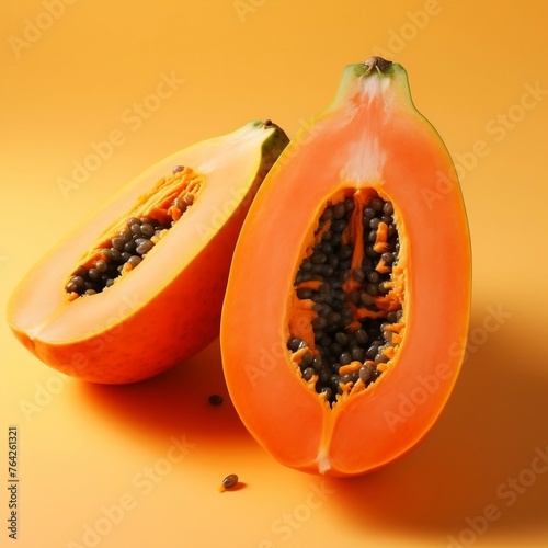 Ripe papaya with cut in half isolated on white background.