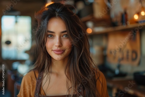 A radiant young woman with luscious brown hair smiling in a rustic cafe ambiance